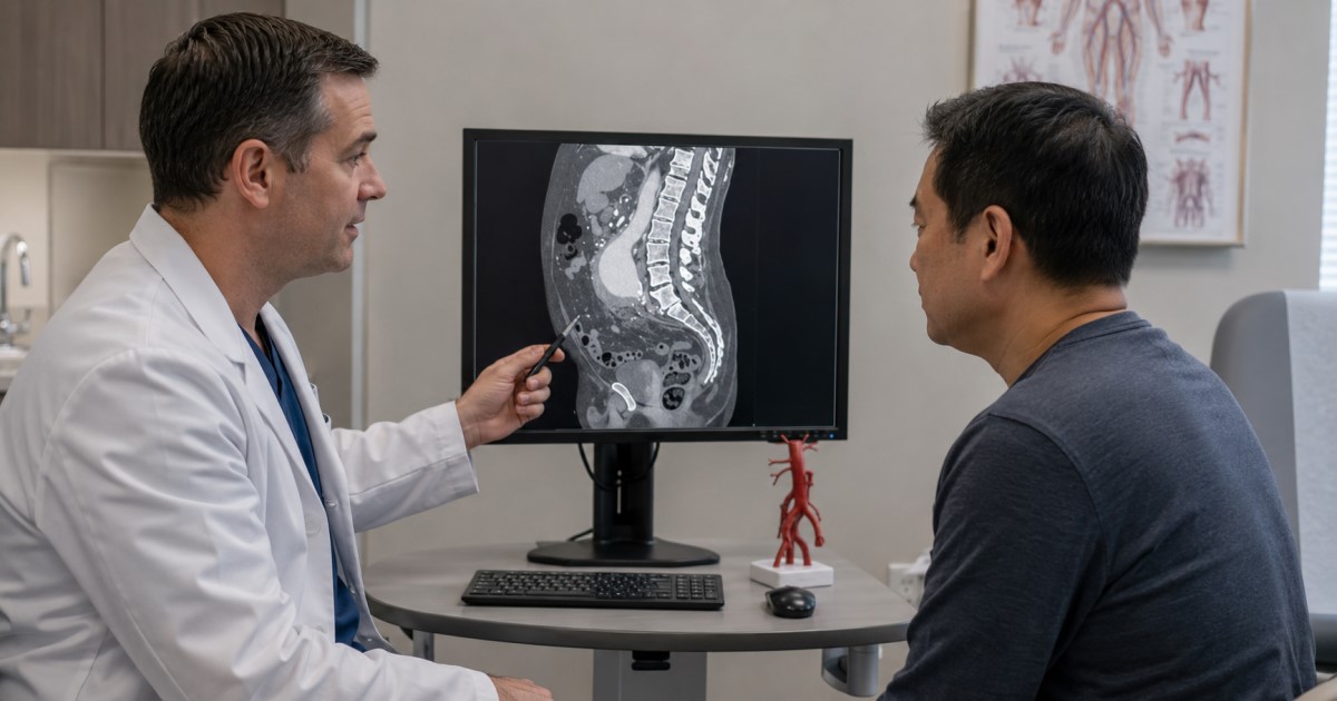 Realistic clinical scene showing an abdominal aortic aneurysm patient discussing long-term medication prevention with a vascular specialist.