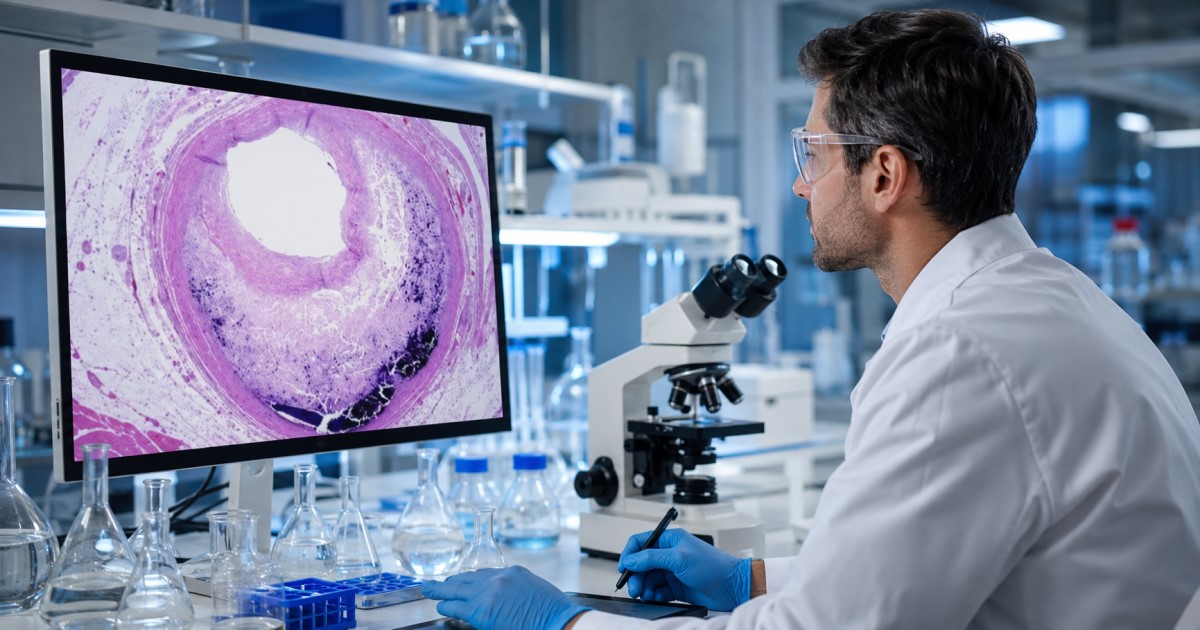 Medical-science image showing statin tablets beside an abdominal aortic aneurysm scan and vascular inflammation markers.