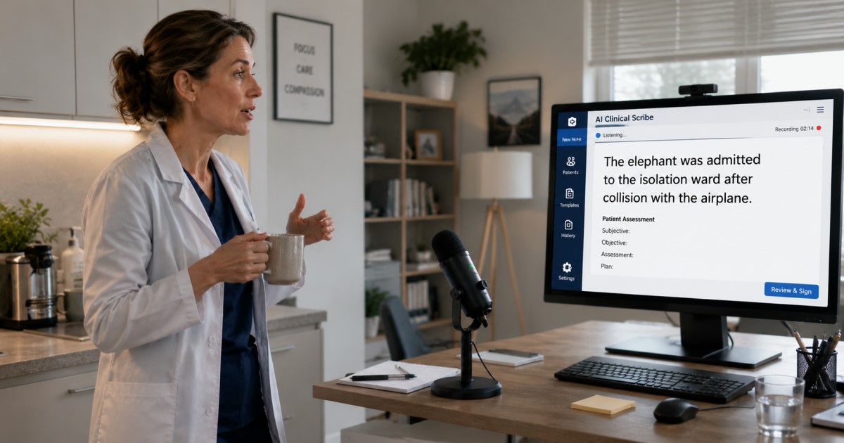 Realistic clinical room scene showing an AI scribe microphone placed too far from a doctor-patient conversation.