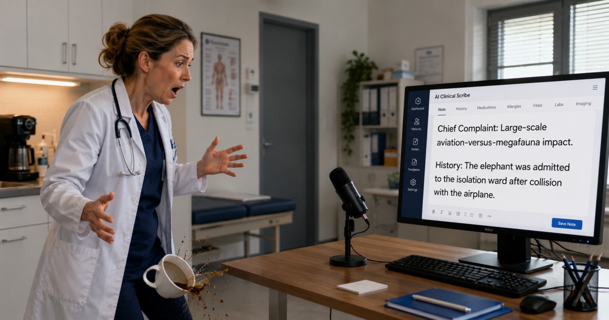 Realistic medical documentation screen showing an AI-generated SOAP note being checked for missing clinical facts.