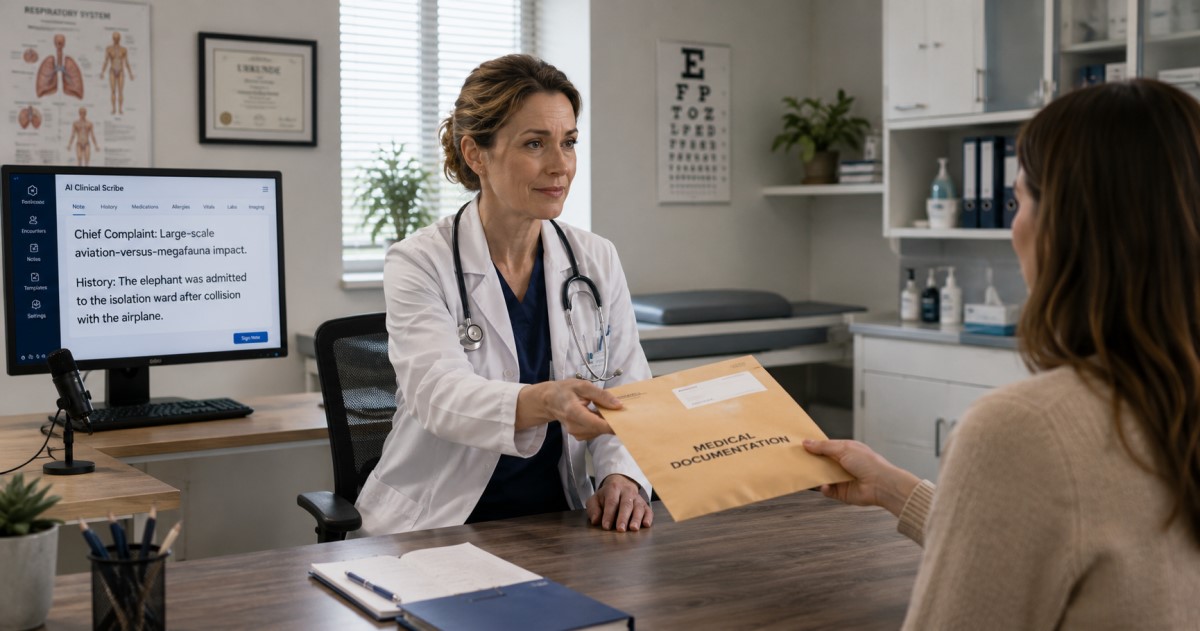 Realistic hospital governance scene showing consent forms, data privacy controls, and ambient AI documentation oversight.
