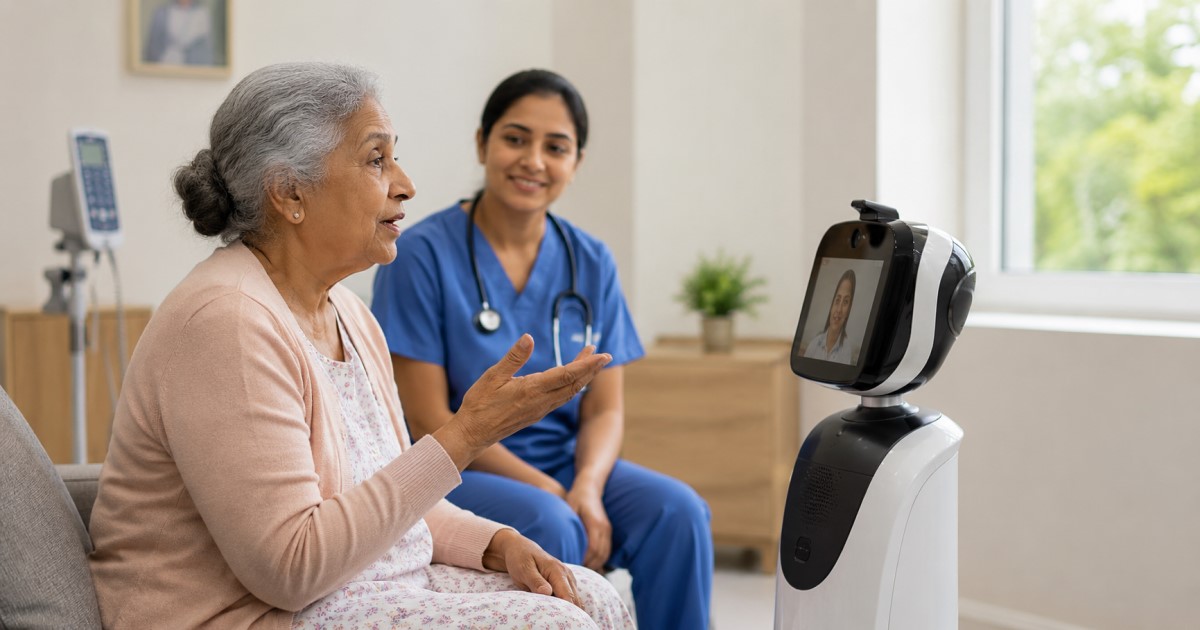 Realistic scene of a patient speaking with a medical voice robot.