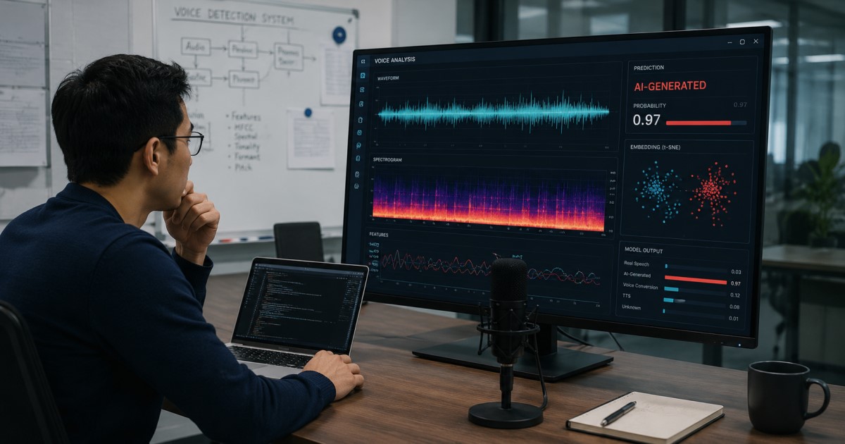 Realistic scene of a mobile phone warning that an incoming call may use AI-generated voice.