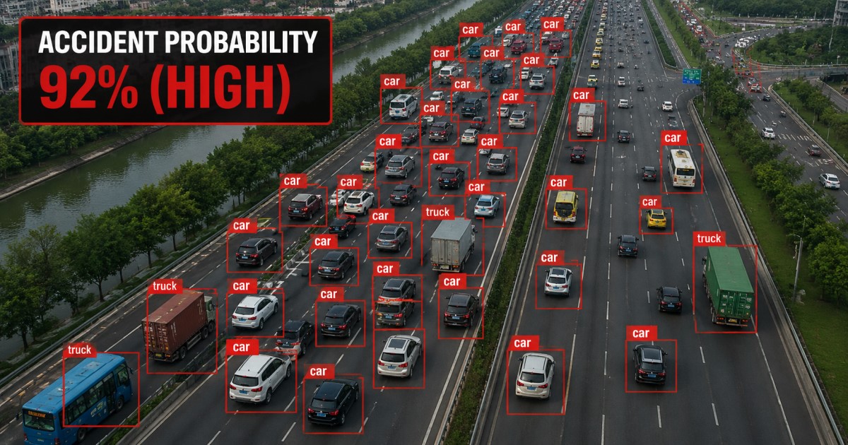 Dashcam-style AI vision scene showing vehicles, trajectories, and an imminent collision risk.
