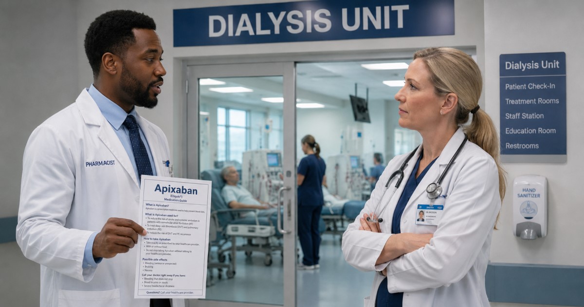 Realistic hospital medication-safety scene focused on kidney disease and anticoagulant risk review.