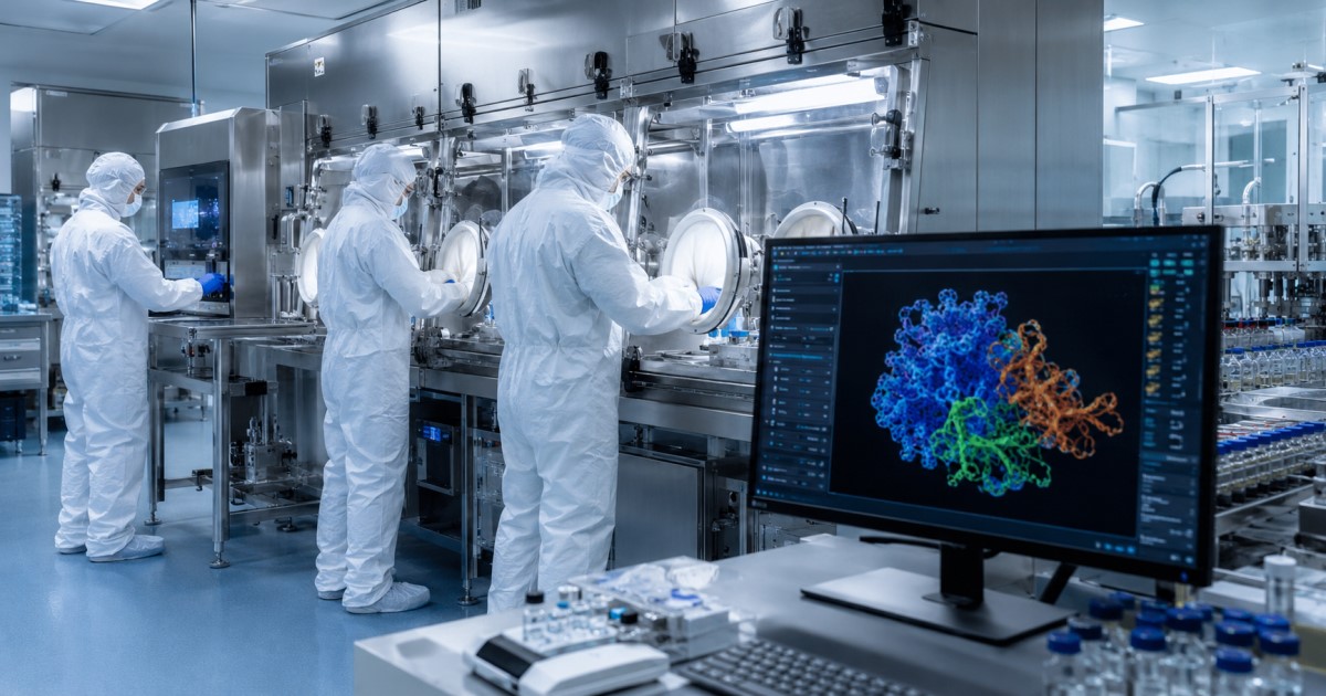 Realistic medical research scene showing AI-supported drug discovery moving from laboratory analysis toward human clinical testing.