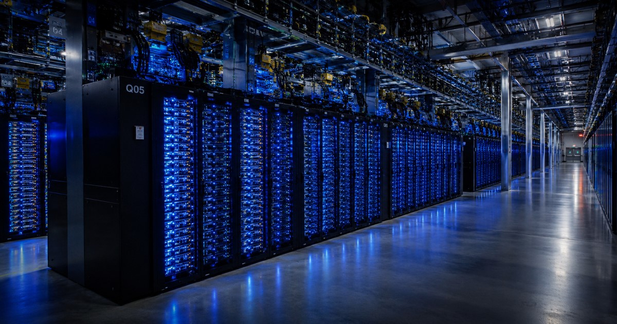 Realistic high-performance computing and molecular screening scene showing large-scale AI search across chemical space.
