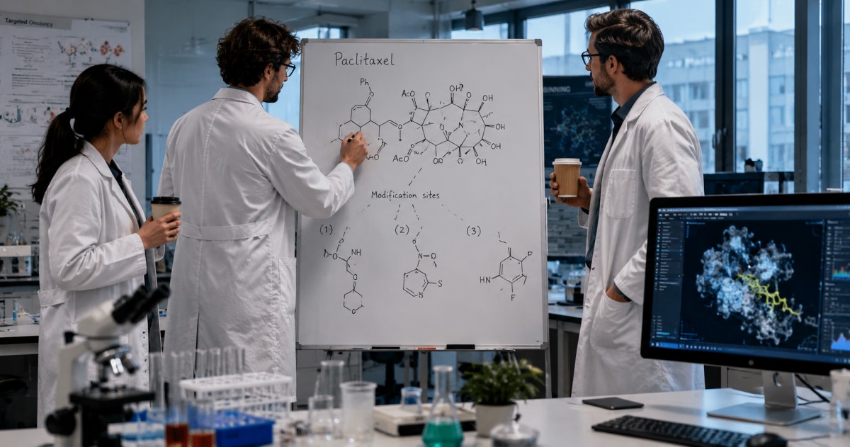 Realistic medicinal chemistry review meeting with scientists evaluating AI-generated drug candidates and safety predictions.