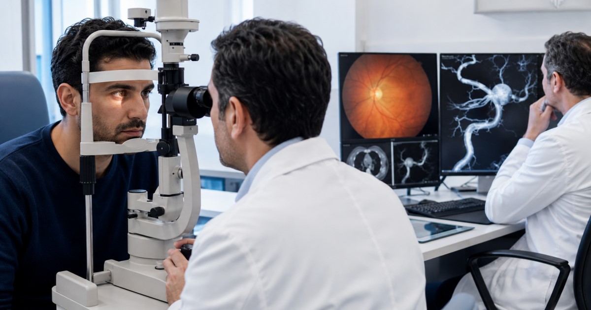 Realistic medical scene showing a Behçet's disease patient being assessed for eye and vascular complications.