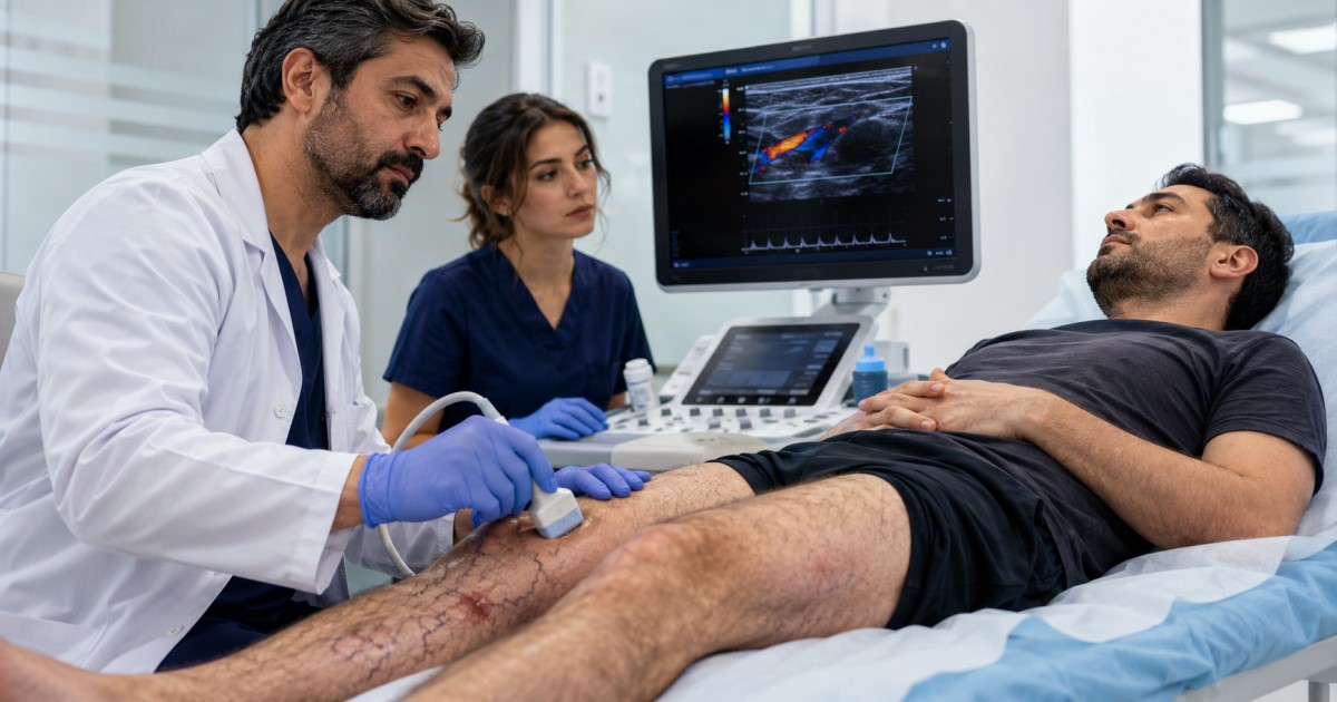 Realistic vascular medicine scene showing venous thrombosis assessment in a patient with systemic inflammation.