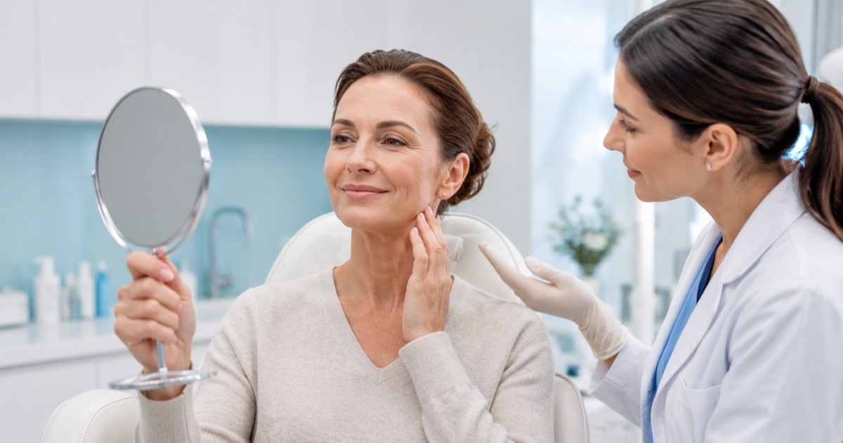 Realistic aesthetic medicine consultation scene with patient and clinician.
