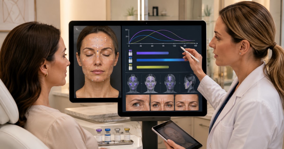 Realistic clinical evidence scene showing aesthetic injection planning and outcome measurement.