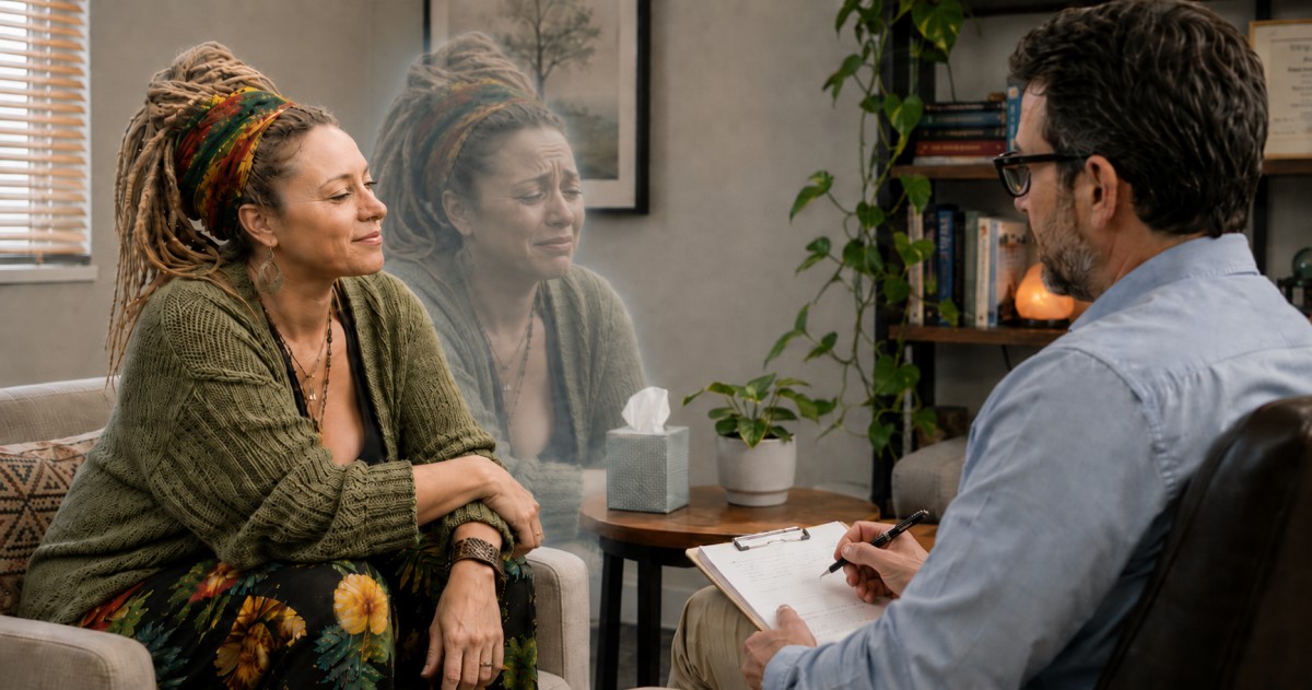 Realistic emergency psychiatry scene showing cannabis-related acute mental health risk.