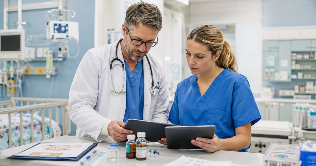 Realistic hospital medication-safety scene with clinicians checking pediatric dosage support from two AI systems.
