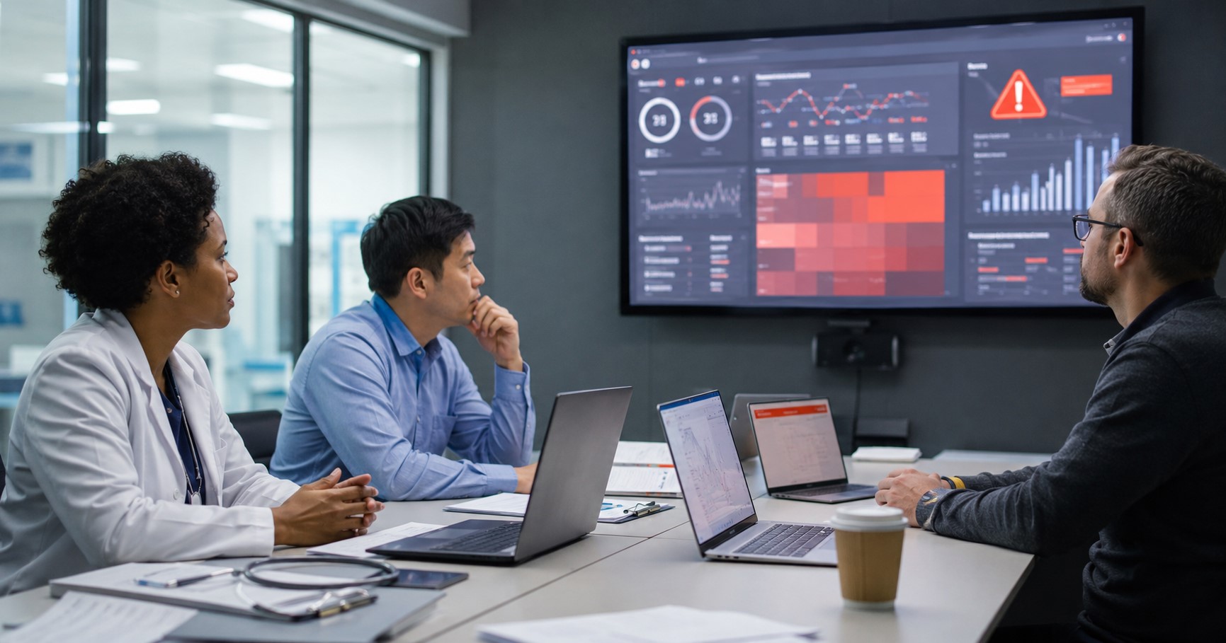 Realistic AI safety and cybersecurity governance scene with clinicians and engineers reviewing model-risk alerts.