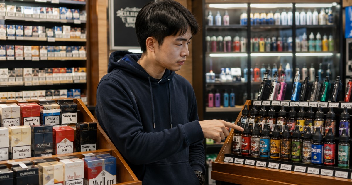 Realistic youth public-health scene showing vaping products, social media influence, and tobacco-risk awareness.
