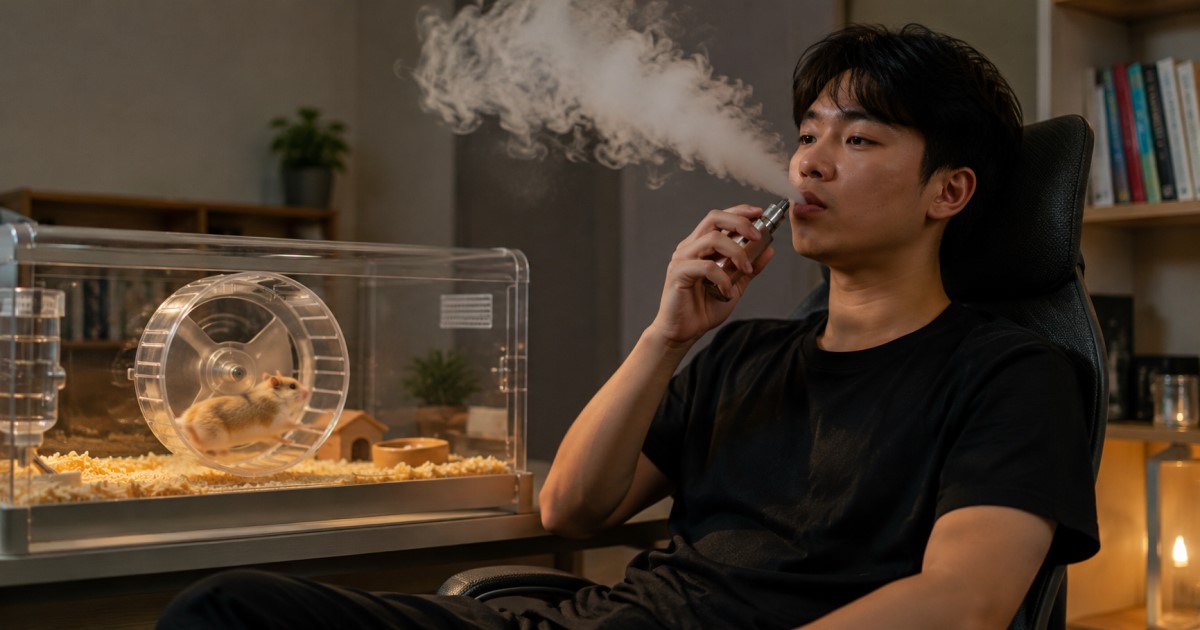 Realistic regulatory-toxicology scene showing vaping devices, laboratory testing, and public-health oversight.