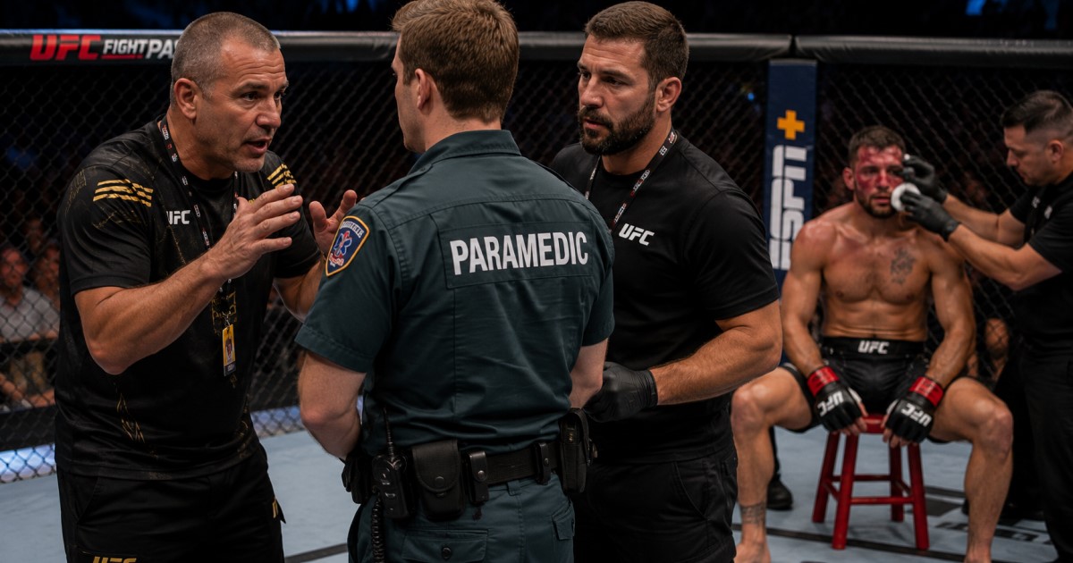 Realistic combat sports safety scene showing ringside physicians, concussion checklist, and athlete monitoring.