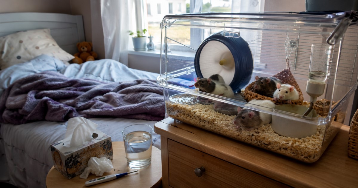 Realistic indoor rodent exposure scene showing domestic and peridomestic hantavirus risk without text.