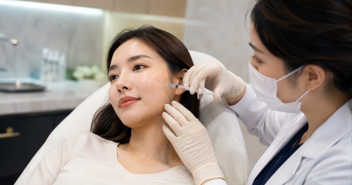 Realistic dermatology scene showing hyaluronic acid filler treatment and skin remodeling concept.