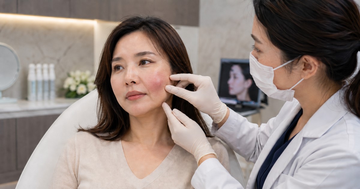 Realistic medical imaging scene showing long-term hyaluronic acid filler persistence in facial soft tissue.