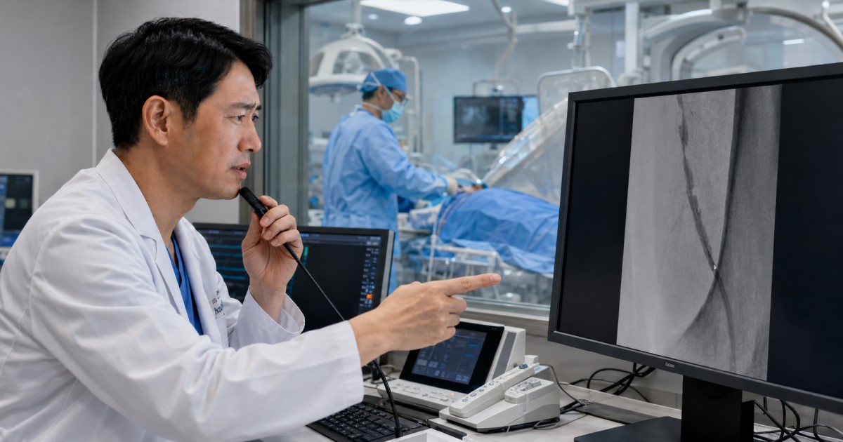 Realistic healthcare AI governance scene showing human review of translated clinical text and warning markers.
