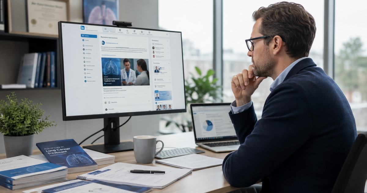 Professional healthcare communication scene showing a clinician reviewing a targeted social-media campaign dashboard.