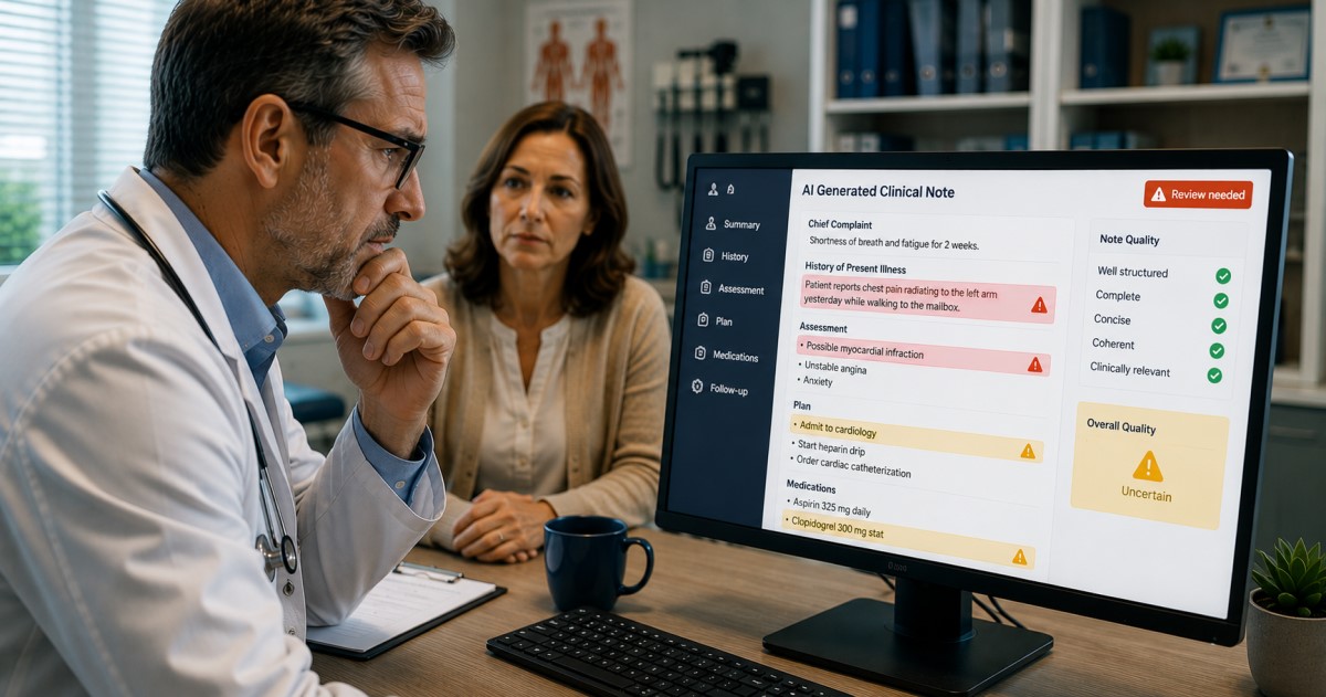 Realistic hospital AI dashboard showing variable hallucination risk across clinical documentation tasks.
