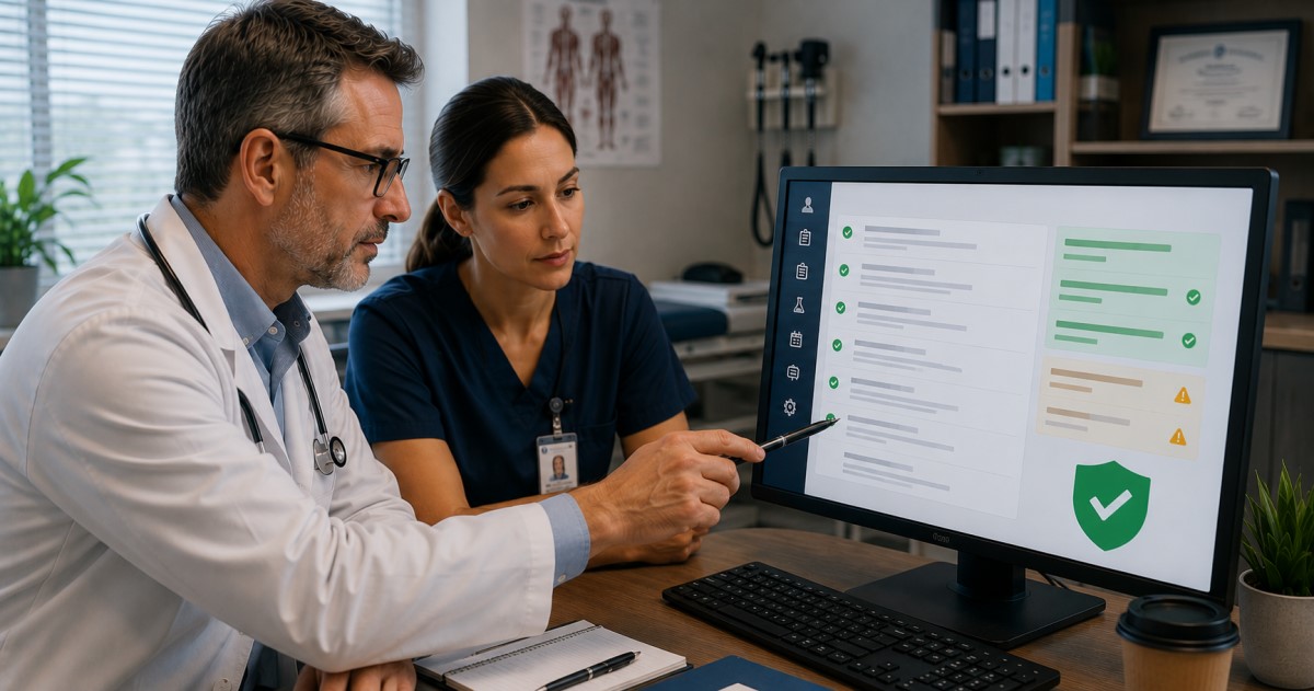 Realistic hospital governance scene with clinicians reviewing AI documentation safeguards.