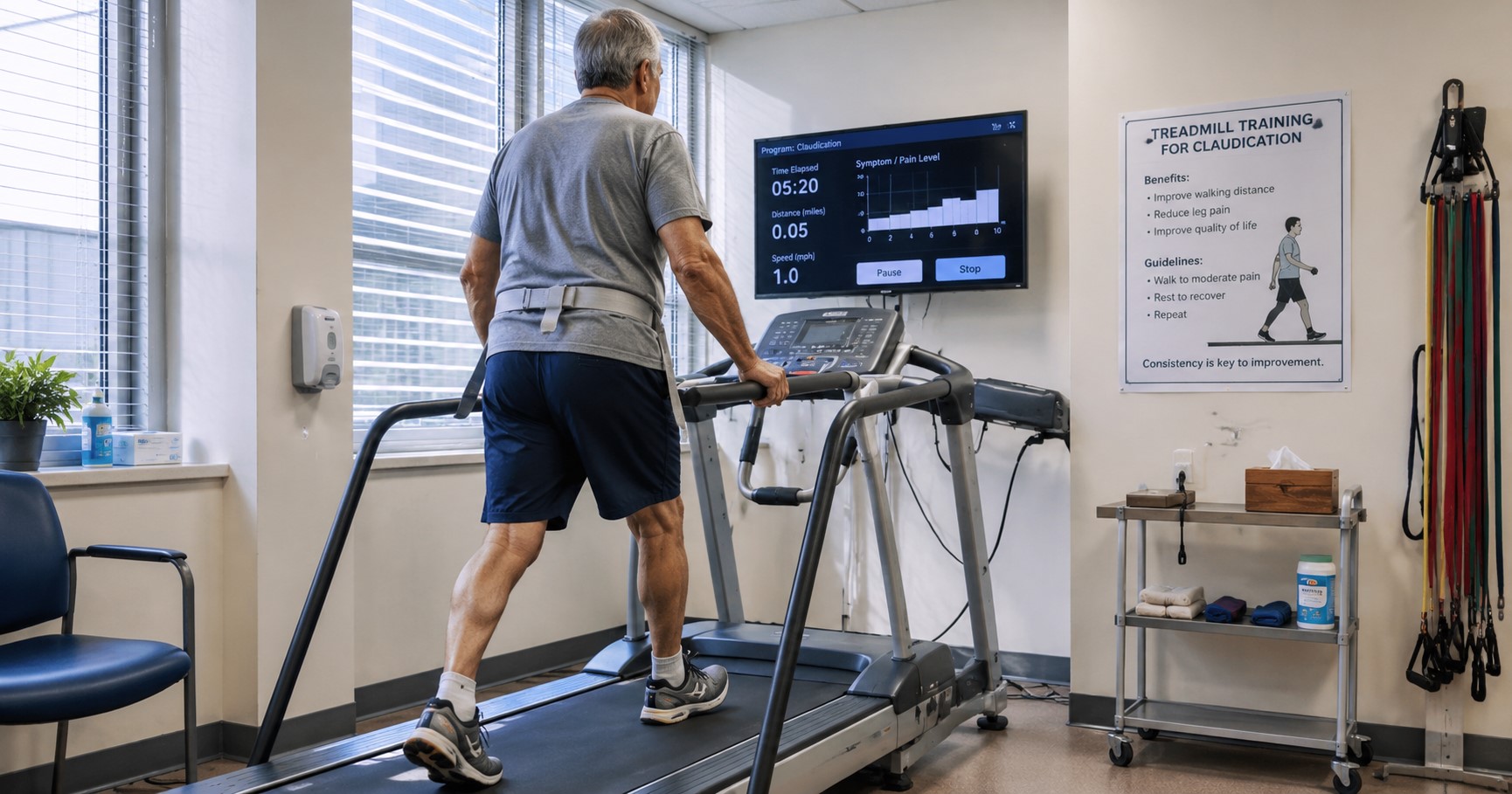 Realistic rehabilitation scene showing a PAD patient walking on a supervised treadmill with vascular monitoring.