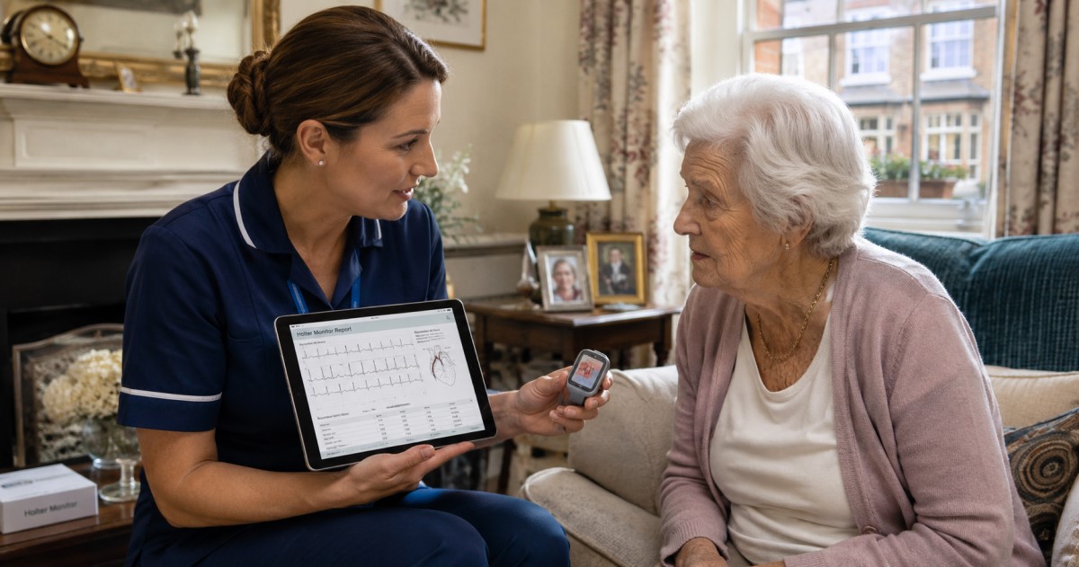 Realistic personalized healthcare scene showing remote monitoring, home care, and reduced hospital use.