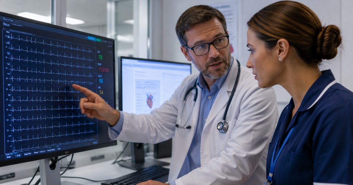 Realistic clinical AI dashboard showing patient-specific diagnostic prediction and precision medicine signals.