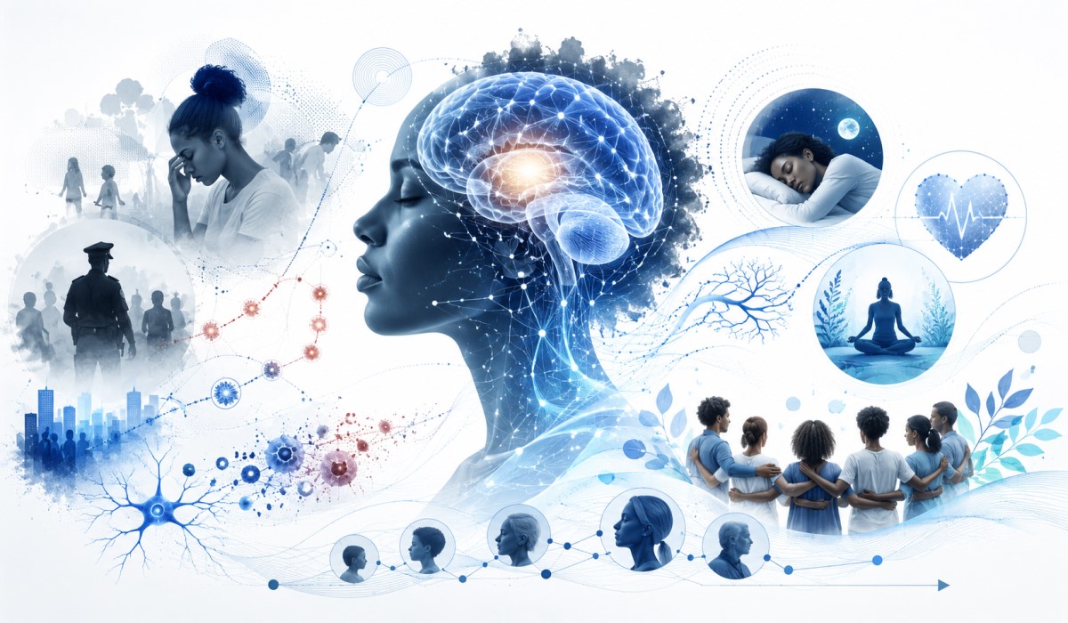 Decorative visual for racism-related stress mechanisms and evidence pathways.