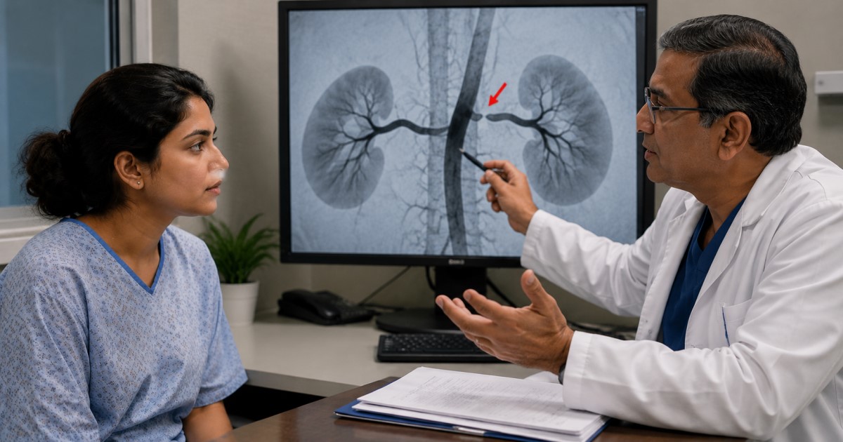 Realistic emergency vascular-care scene representing high-risk renal artery stenosis phenotypes.