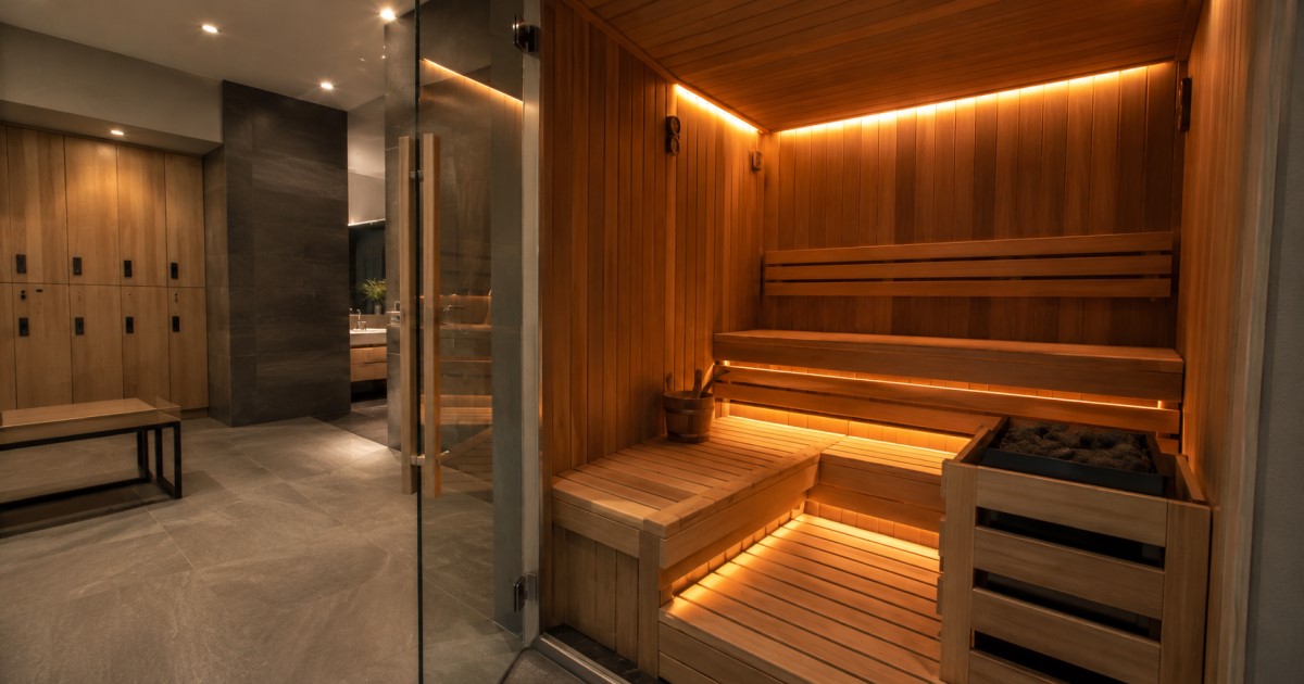 Realistic wellness and cardiovascular health scene with an adult resting after sauna bathing.