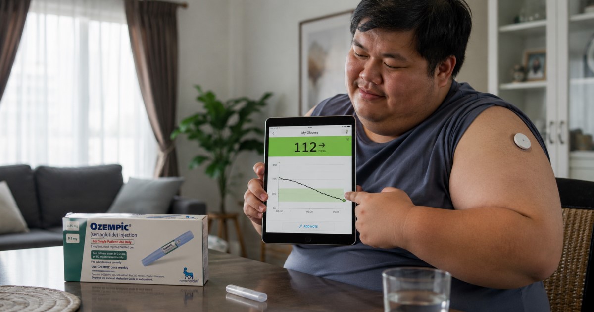 Realistic metabolic medicine scene showing glucose monitoring, weight-loss data, and diabetes-prevention charts.
