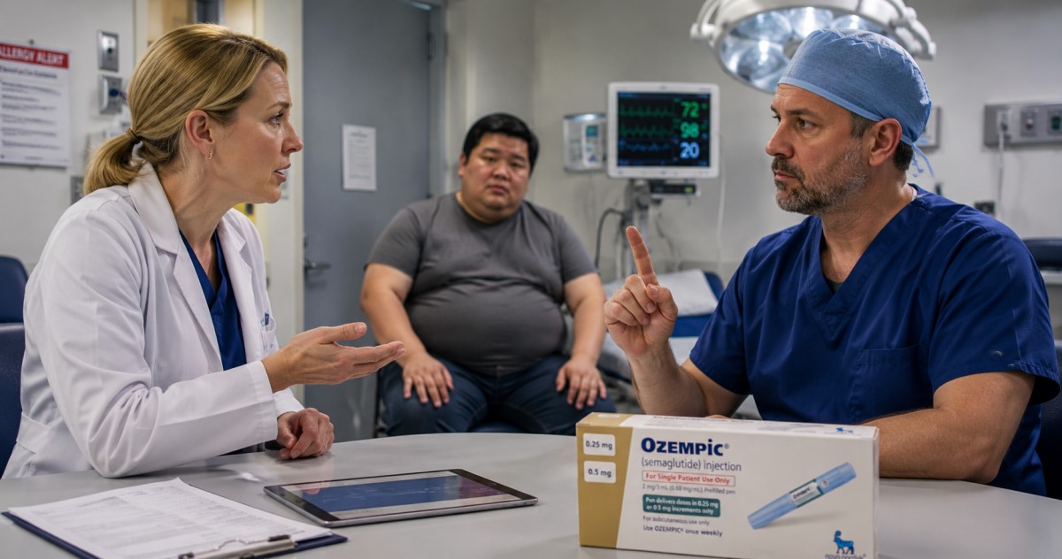 Realistic anesthesia and endoscopy planning scene highlighting gastric-retention and aspiration-risk assessment before a procedure.
