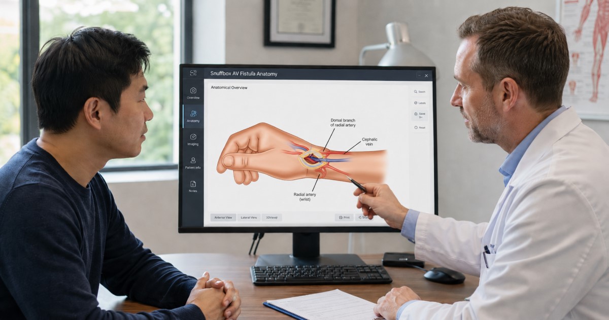 Visual-only medical scene showing distal snuffbox arteriovenous fistula planning for hemodialysis access.