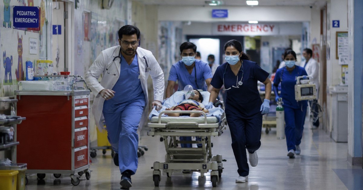 Realistic pediatric hospital and airway-planning scene for a mediastinal mass with superior vena cava syndrome risk.