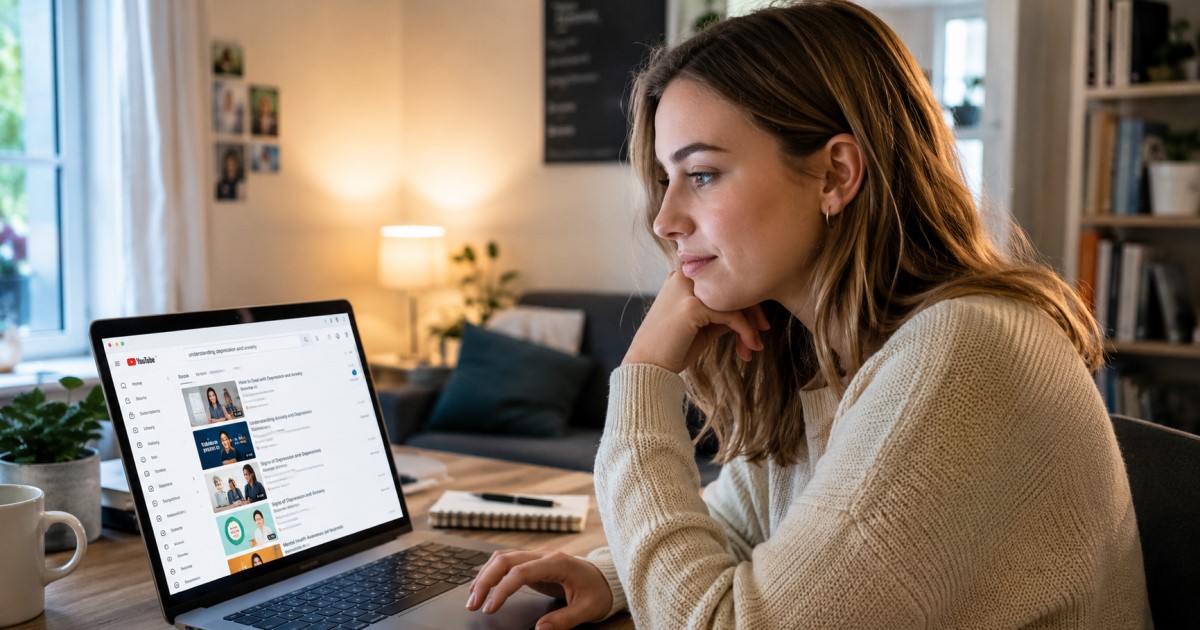 Decorative image of a person searching mental-health information on YouTube while a clinician reviews digital information nearby.