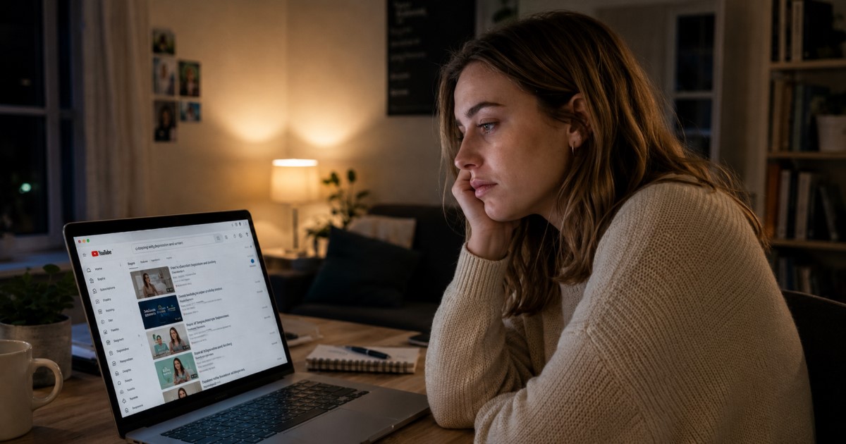 Decorative image of clinicians and platform safety staff reviewing harmful self-harm content on a video platform.